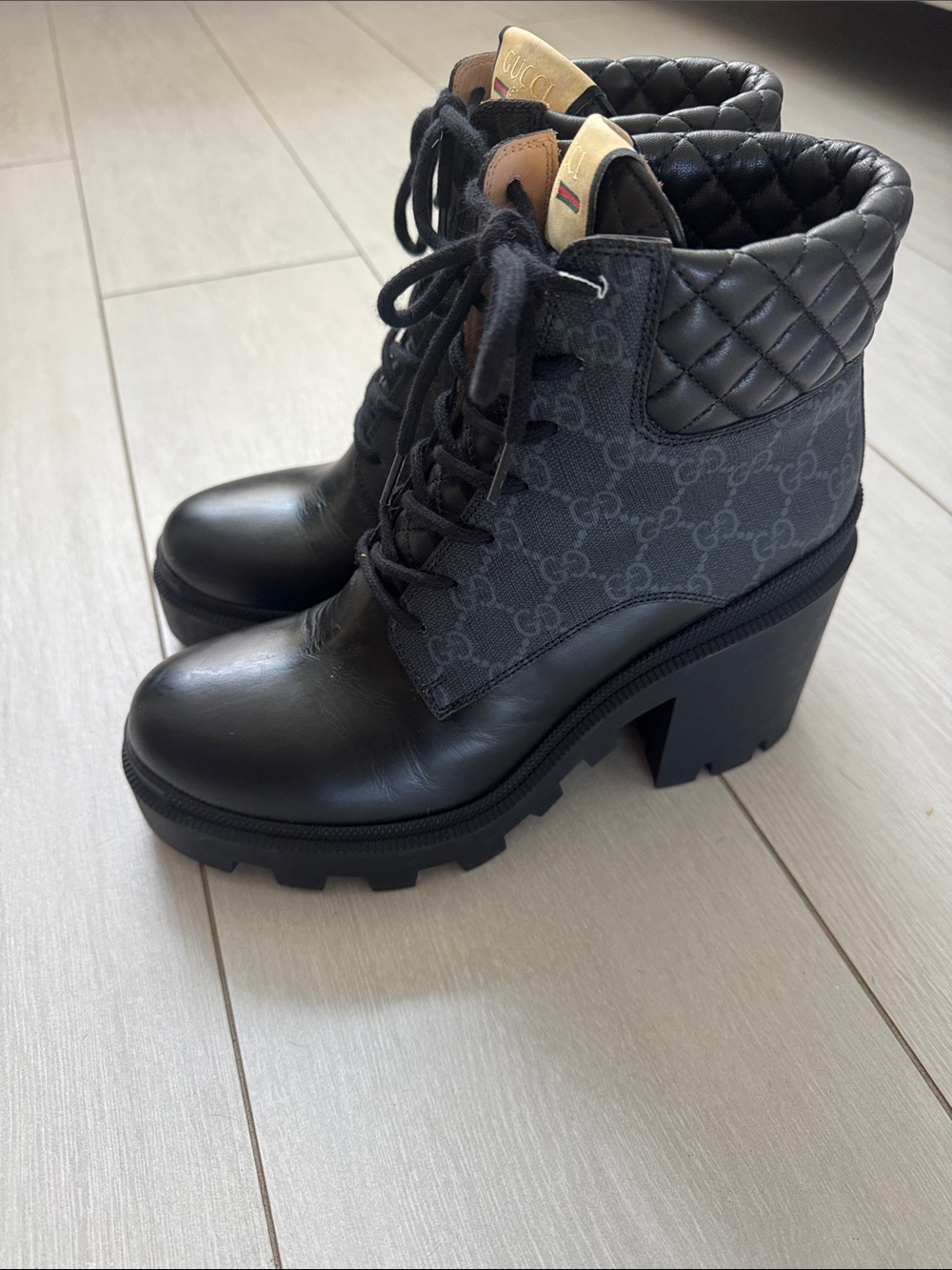Gucci GG supreme heeled Black Quilted Monogram Lace-Up Platform Ankle Boots 40